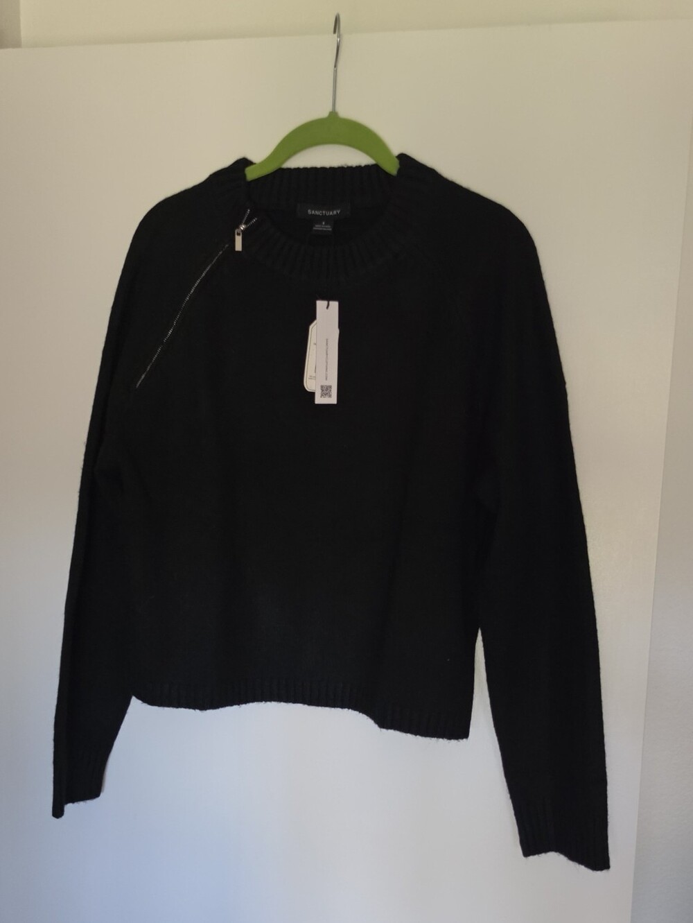 Sanctuary Black Ribbed Cropped Crewneck Sweater With Zipper NWT...size S